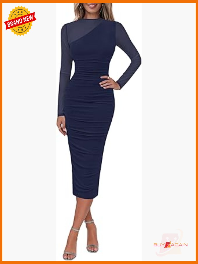 Mock Neck Mesh Bodycon Long Sleeve Dress For Party Wedding 78